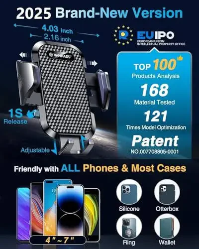 [2025 True Military-Grade] Car Phone Holder VANMASS [Upgraded Strongest Suction & Clip] Cell Phone Mount for Dashboard Windshield Vent Desk,Truck Cradle Stand for iPhone 17 Pro Max 16 15 14 13 Android - 5