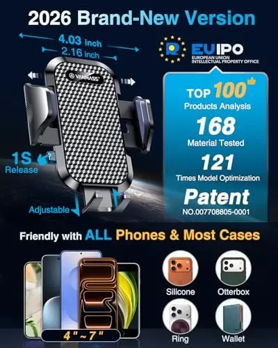 [2026 True Military-Grade] Car Phone Holder VANMASS [Upgraded Strongest Suction & Clip] Cell Phone Mount for Dashboard Windshield Vent Wall,Truck Cradle Stand for iPhone 17 Pro Max 16 15 14 13 Android - 4