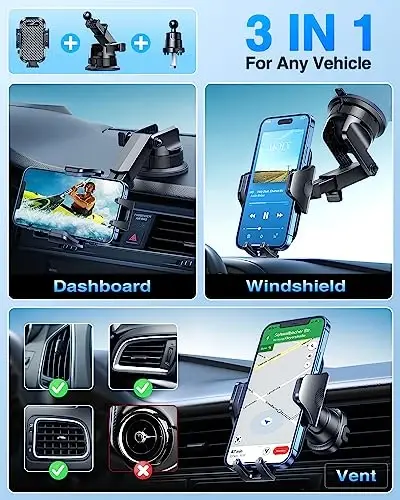 [True Military-Grade] Car Phone Holder VANMASS [Upgraded Strongest Suction&Clip] Cell Phone Mount for Dashboard Windshield Vent Kit, Truck Cradle Stand for iPhone 17 Pro Max 16 15 14 Android,Ink Black - 1