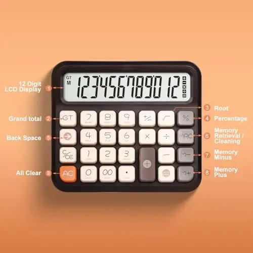Pendancy Desk Calculator 12 Digit, Retro Cute Basic Calculator with Extra Large LCD Display and Buttons, for Office, School, Home Use - 6