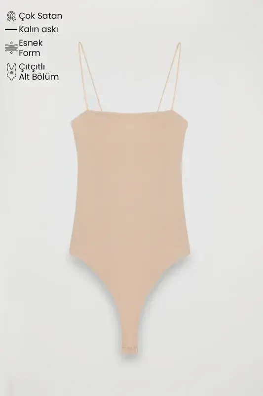 Askılı Bodysuit Bej-Bej - QUZU