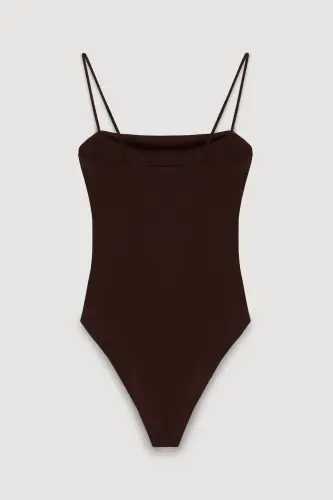 Askılı Bodysuit Koyu Kahve - Koyu Kahve - 3
