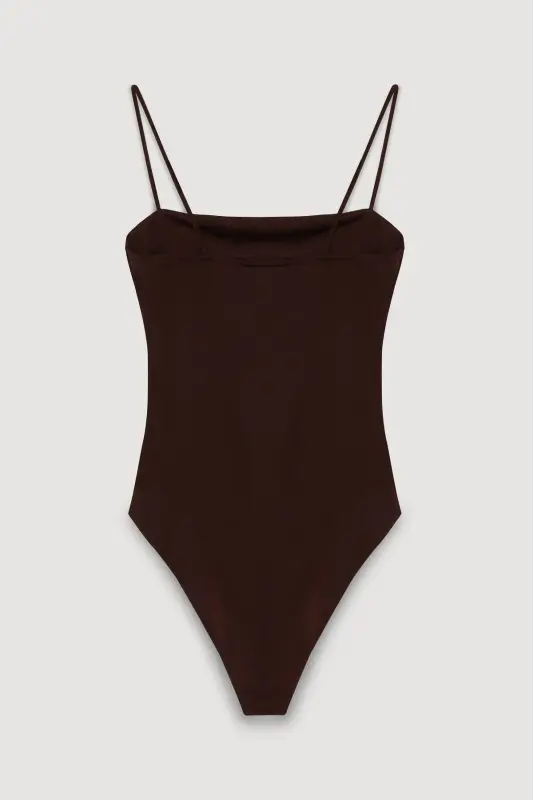 Askılı Bodysuit Koyu Kahve - Koyu Kahve - 3