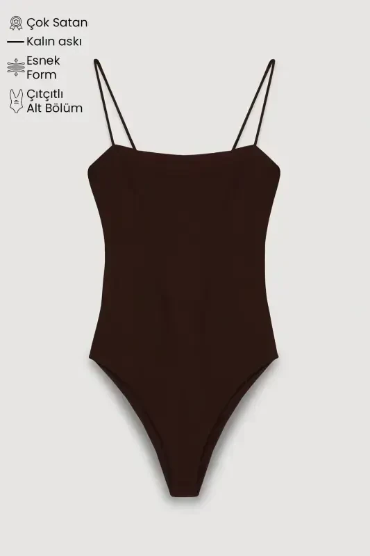 Askılı Bodysuit Koyu Kahve-Koyu Kahve - QUZU