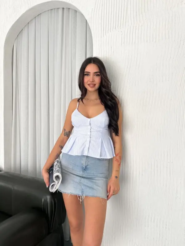 Askılı Dekolte Deraylı Crop - Açık Mavi - 1