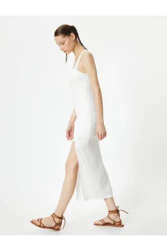 Askılı Kalem Elbise Astarlı Kalp Yaka Önden Bağlama Detaylı Yırtmaçlı Fiyonk Detaylı Bürümcük-Ekru - 1