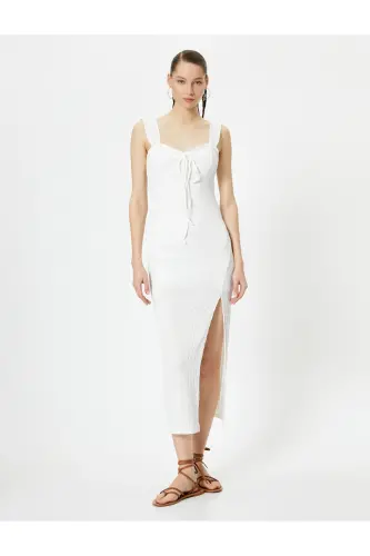 Askılı Kalem Elbise Astarlı Kalp Yaka Önden Bağlama Detaylı Yırtmaçlı Fiyonk Detaylı Bürümcük-Ekru - 3