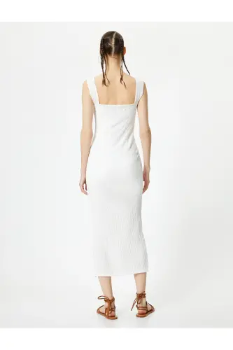 Askılı Kalem Elbise Astarlı Kalp Yaka Önden Bağlama Detaylı Yırtmaçlı Fiyonk Detaylı Bürümcük-Ekru - 4