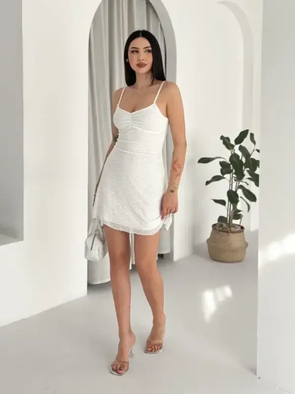 Askılı Mini Elbise Drapeli Göğüs Detay Likralı Yazlık Fit - Beyaz - 3