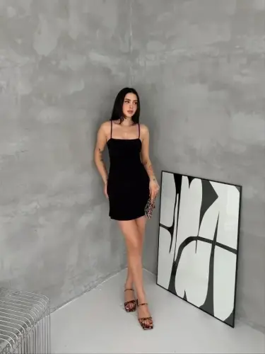 Askılı Şifon Mini Elbise Drapeli Bel Vücuda Oturan Yazlık Şık - Siyah - 4