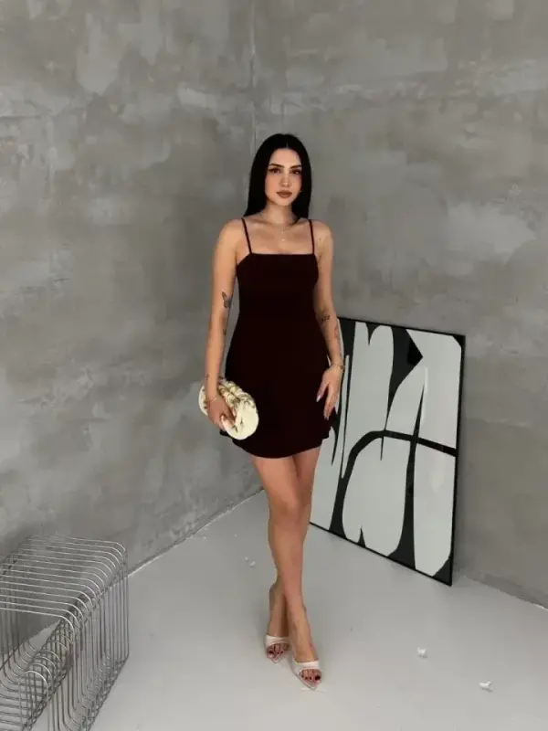 Askılı Şifon Mini Ko'ylak Drapli Bel Vujudga Yopishgan Yozgi Didli - Qora - 3