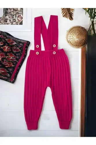 Askılı Tugmali Chaqaloq Bolalar Triko Tayt Salopet-Fuşya - 1