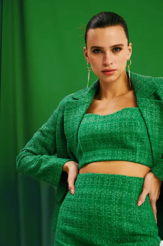 Askılı Tüvit Crop Bluz - K.Yeşil - K.YEŞİL - SATEEN