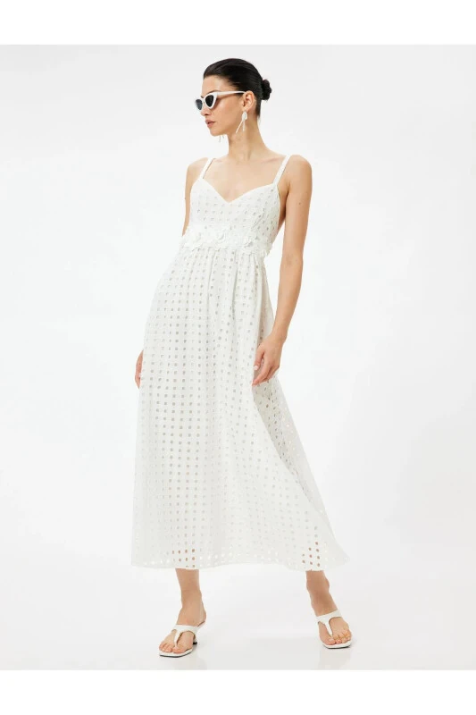 Askılı Uzun Fisto Elbise Çiçek Aplike Detaylı Çan Etek Astarlı - Koton