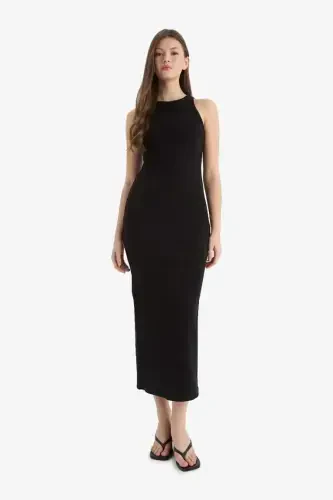 Bodycon Halter Yaka Fitilli Kaşkorse Maxi Kolsuz Elbise-Siyah - 5