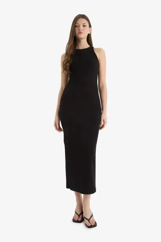 Bodycon Halter Yaka Fitilli Kaşkorse Maxi Kolsuz Elbise-Siyah - 5