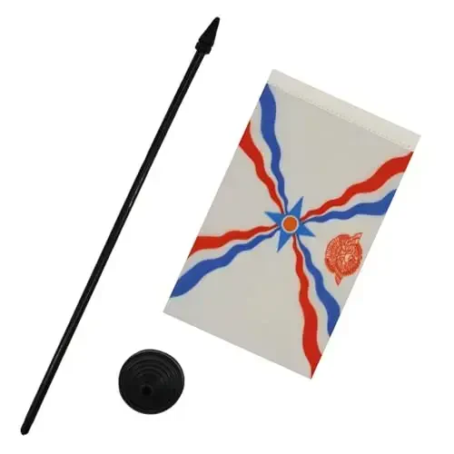 Assyria Table Flag 4'' x 6'' - Assyrian Desk Flag 15 x 10 cm. - Black plastic stick and base - AZ FLAG - 3