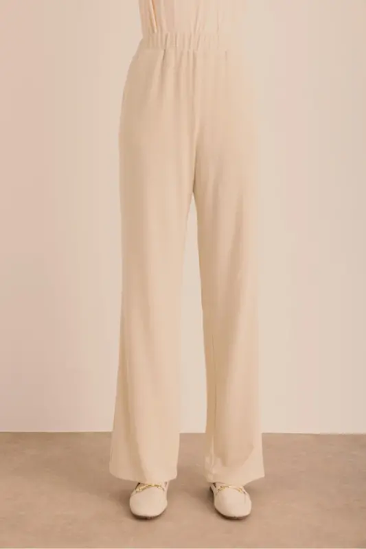 Astarlı Beli Lastikli Örme Simli Pantolon - Bej - 12