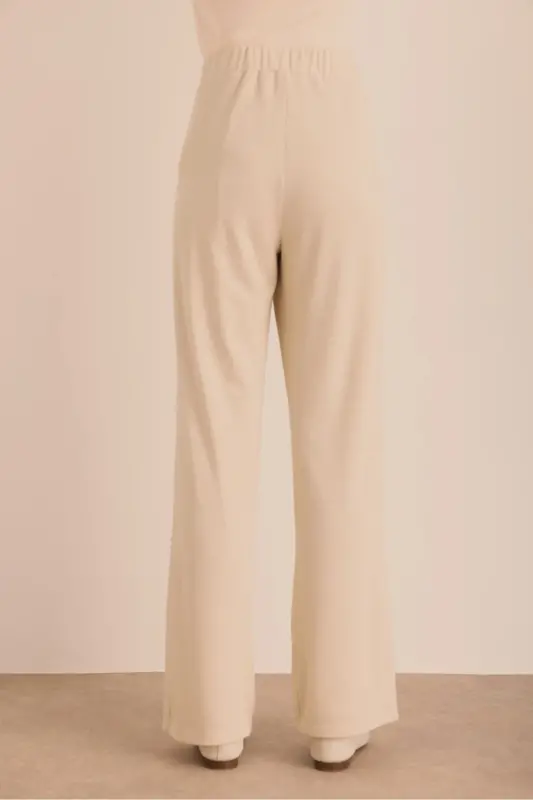 Astarlı Beli Lastikli Örme Simli Pantolon - Bej - 13