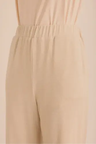 Astarlı Beli Lastikli Örme Simli Pantolon - Bej - 4