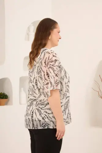 Astarlı Büyük Beden Desenli Bluz Ekru - 4