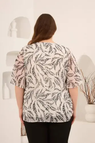 Astarlı Büyük Beden Desenli Bluz Ekru - 5