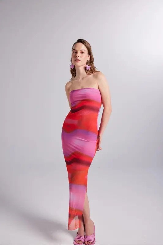 Astarli naqshli strapless tyul Hued ko'ylak pushti - 10