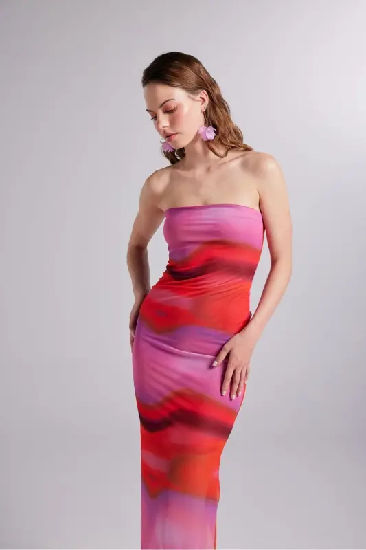 Astarli naqshli strapless tyul Hued ko'ylak pushti - 12