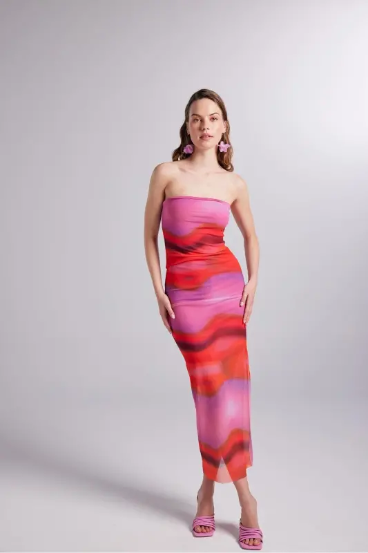 Astarli naqshli strapless tyul Hued ko'ylak pushti - 15