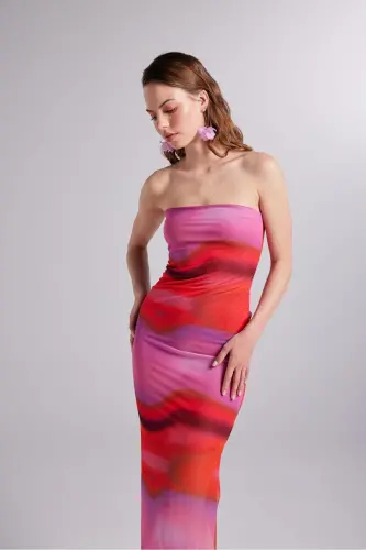 Astarli naqshli strapless tyul Hued ko'ylak pushti - 5