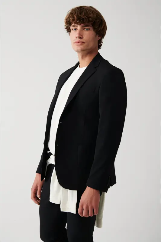 Erkek Siyah Bi-Stretch Astarsız Çift Yırtmaçlı Comfort Slim Fit Ceket A31Y4004 - Siyah - 3