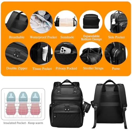 Astro alan Baby Diaper Bag Backpack with Changing Station, Waterproof Large Capacity Diaper Bag for Moms and Dads, Plant-Based Leather with USB Charging Port, Baby Gift for New Parents, Black - 6