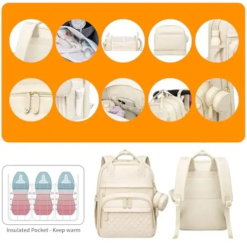 Astro alan Baby Diaper Bag with Changing Station, Waterproof Diaper Bag Backpack for Moms Dads with USB Charging Port, Baby Shower Gifts, Large Capacity diaper backpack, Beige - 6