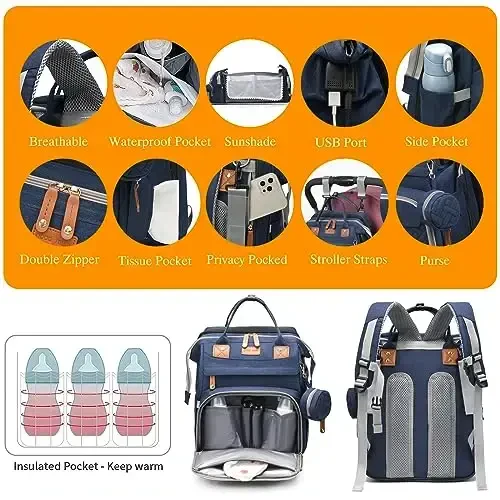 Astro alan Baby Diaper Bags with Changing Station, Waterproof Diaper Bag Backpack for Moms Dads with USB Charging Port, Baby Shower Gifts, Large Capacity diaper backpack, Blue - 5