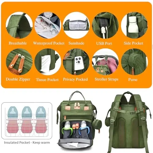 Astro alan Baby Diaper Bags with Changing Station, Waterproof Diaper Bag Backpack for Moms Dads with USB Charging Port, Baby Shower Gifts, Large Capacity diaper backpack, Green - 5