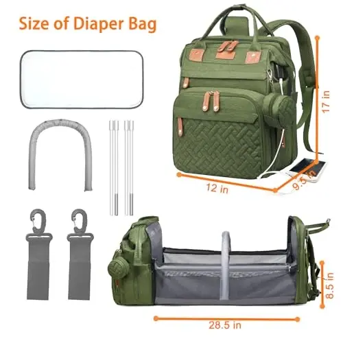 Astro alan Baby Diaper Bags with Changing Station, Waterproof Diaper Bag Backpack for Moms Dads with USB Charging Port, Baby Shower Gifts, Large Capacity diaper backpack, Green - 6