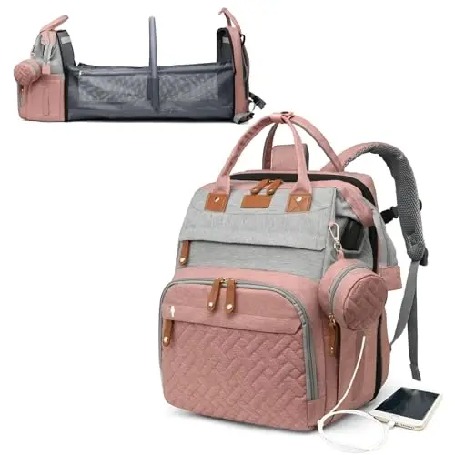 Astro alan Baby Diaper Bags with Changing Station, Waterproof Diaper Bag Backpack for Moms Dads with USB Charging Port, Baby Shower Gifts, Large Capacity diaper backpack, Grey Pink - 1