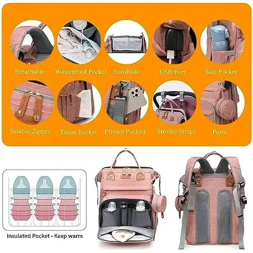 Astro alan Baby Diaper Bags with Changing Station, Waterproof Diaper Bag Backpack for Moms Dads with USB Charging Port, Baby Shower Gifts, Large Capacity diaper backpack, Pink - 5