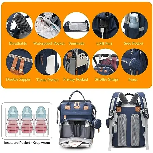 Astro alan Baby Diaper Bags with Changing Station, Waterproof Diaper Bag Backpack for Moms Dads with USB Charging Port, Baby Shower Gifts, Large Capacity diaper backpack, Blue - 5