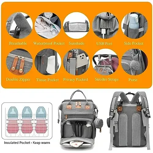 Astro alan Baby Diaper Bags with Changing Station, Waterproof Diaper Bag Backpack for Moms Dads with USB Charging Port, Baby Shower Gifts, Large Capacity diaper backpack, Grey - 5