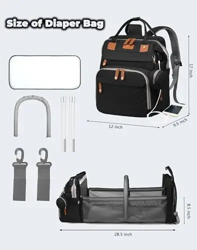 Astro alan Baby Diaper Bags with Changing Station, Waterproof Diaper Bag Backpack for Moms Dads with USB Charging Port, Baby Shower Gifts, Large Capacity diaper backpack, Black - 2