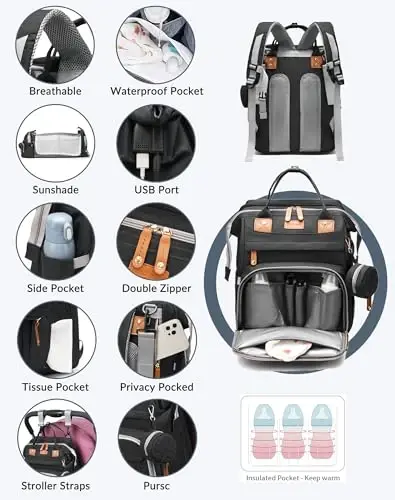Astro alan Baby Diaper Bags with Changing Station, Waterproof Diaper Bag Backpack for Moms Dads with USB Charging Port, Baby Shower Gifts, Large Capacity diaper backpack, Black - 6