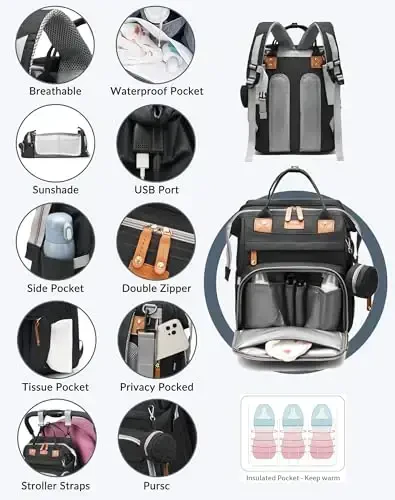 Astro alan Baby Diaper Bags with Changing Station, Waterproof Diaper Bag Backpack for Moms Dads with USB Charging Port, Baby Shower Gifts, Large Capacity diaper backpack, Black - 6