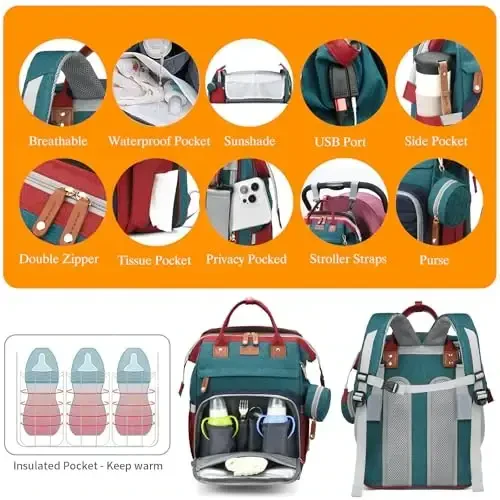 Astro alan Baby Diaper Bags with Changing Station, Waterproof Diaper Bag Backpack for Moms Dads with USB Charging Port, Baby Shower Gifts, Large Capacity diaper backpack, Red-Green-Blue - 5