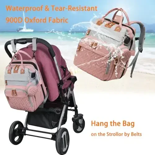 Astro alan Baby Diaper Bags with Changing Station, Waterproof Diaper Bag Backpack for Moms Dads with USB Charging Port, Baby Shower Gifts, Large Capacity diaper backpack, Grey Pink - 4
