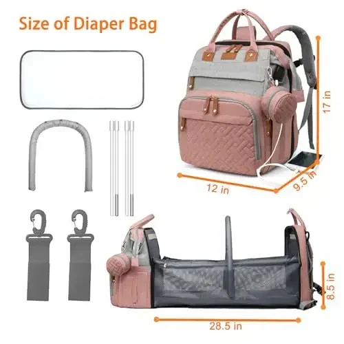 Astro alan Baby Diaper Bags with Changing Station, Waterproof Diaper Bag Backpack for Moms Dads with USB Charging Port, Baby Shower Gifts, Large Capacity diaper backpack, Grey Pink - 6