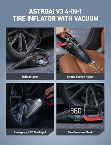AstroAI 4-in-1 V3 12VDC 16.4FT High Power Handheld Car Vacuum&Tire Inflator | Cleaner for Car,Home,Pet Hair Cleaning, 150 PSI Digital Pressure Gauge&LED Light Portable Air Pump for Cars,Bikes,SUVs,Balls - AstroAI (1)
