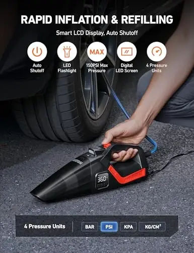 AstroAI 4-in-1 V3 12VDC 16.4FT High Power Handheld Car Vacuum&Tire Inflator | Cleaner for Car,Home,Pet Hair Cleaning, 150 PSI Digital Pressure Gauge&LED Light Portable Air Pump for Cars,Bikes,SUVs,Balls - 3