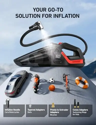 AstroAI 4-in-1 V3 12VDC 16.4FT High Power Handheld Car Vacuum&Tire Inflator | Cleaner for Car,Home,Pet Hair Cleaning, 150 PSI Digital Pressure Gauge&LED Light Portable Air Pump for Cars,Bikes,SUVs,Balls - 4