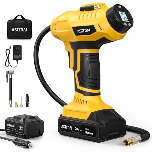 AstroAI Akülü Shinal Pomiyotkisi Havalı Kompressor 20V Qayta Zaryadlanuvchi Akkumulyatorli 160PSI Portativ Havo Nasosi 12V Avtomobil Quvvat Adapteri Raqamli Bosim O'lchagich Avtomobillar Motosikllar uchun JY16P160-18（C2）Sariq - 1